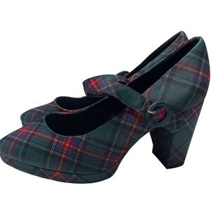 Cato's Green Tartan Plaid Chunky Mary Jane Platform Heels Women's 9.5W
